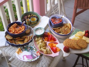 Cheese and crackers, olives, Bruschetta, shrimp, appetizers, red peppers, artichoke hearts