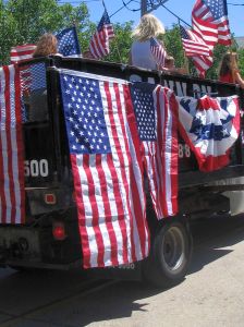 Ocean Grove 4th of July parade, flag float, bunting