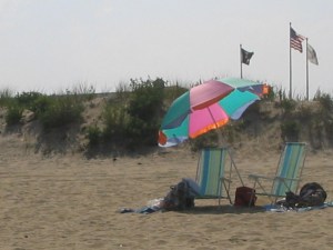Beach umbrella, beach chairs, Ocean grove, sand dunes