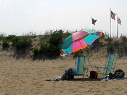 3 flags, POW-MIA flag, beach chairs, sand dunes, Ocean Grove