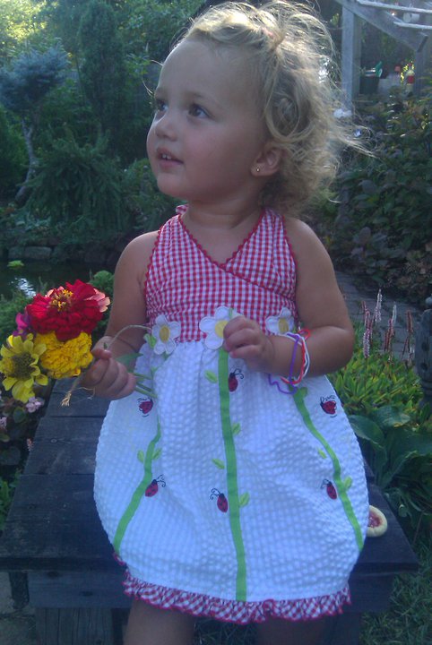 2nd Annual Boston Garden party, ladybug dress, zinnias, Finny, Finley Ray Clark