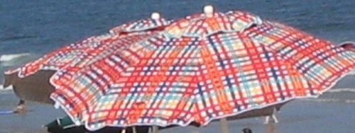 Low tide, Ocean Grove, Jersey Shore, orange plaid umbrella