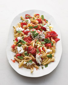 tomato and basil pasta Martha Stewart living, basil, burrata cheese, mozzarella cheese, Jersey tomatoes