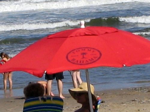 Tommy Bahama beach umbrella, low tide, Ocean Grove, Jersey Shore,