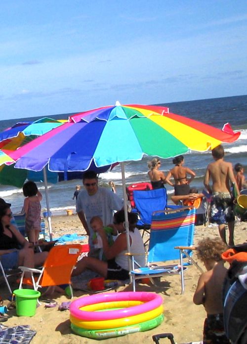 wading pool, beach, Jersey Shore, Ocean Grove, colorful beach umbrella