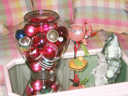flamingo, penguin, ornaments, bowl of ornaments