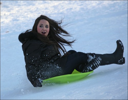 Winter fun in saucer 8 Central park, New York city, saucer, sliding, snow