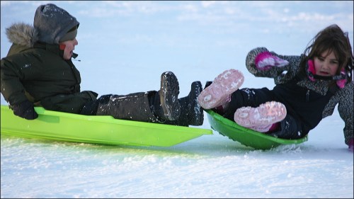 Winter fun in saucer 9 collision snow, saucer, New York city, Central Park