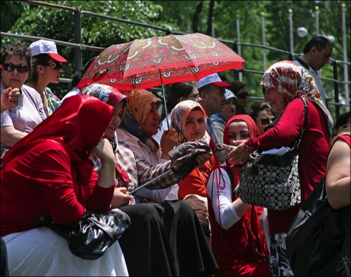 Turkish Day parade, Turkiye, red paisley umbrella, Turkey