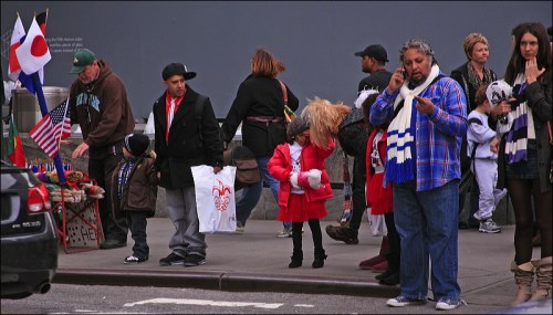 red coated little girl and Japanese flag Japanese flag