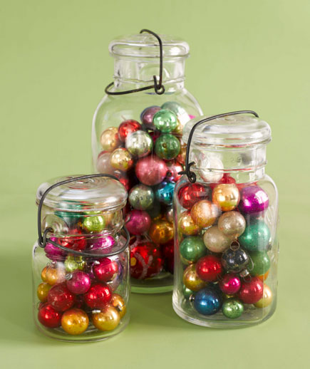 Christmas decor, old ornaments, vintage Christmas ornaments, Mason jars