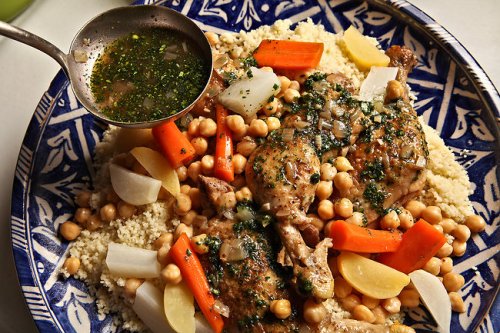 Tunisian one pot chicken dish, spicy green sauce, 